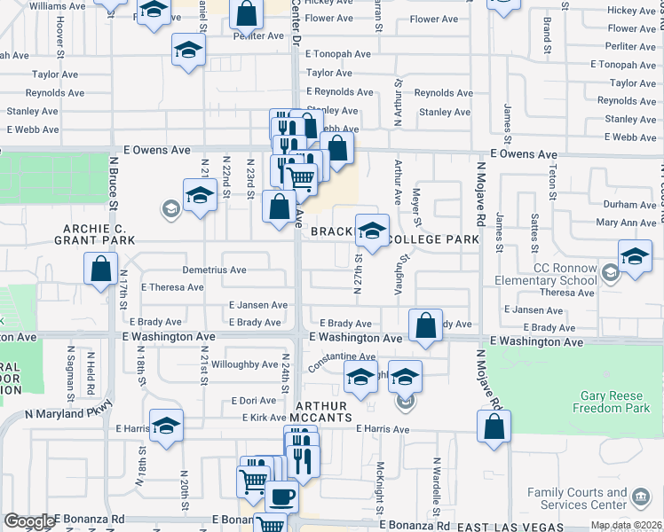map of restaurants, bars, coffee shops, grocery stores, and more near 1203 Mews Lane in Las Vegas
