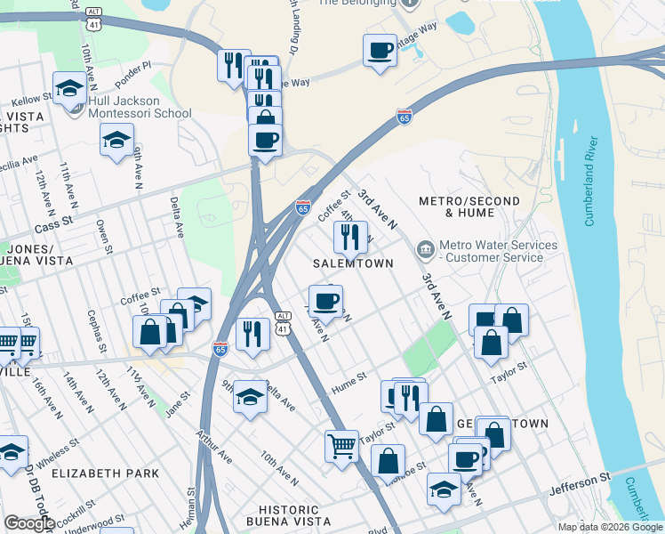 map of restaurants, bars, coffee shops, grocery stores, and more near 1809 5th Avenue North in Nashville