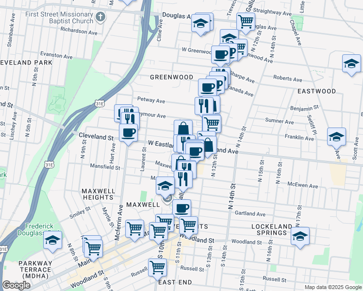map of restaurants, bars, coffee shops, grocery stores, and more near 1036 Chicamauga Avenue in Nashville