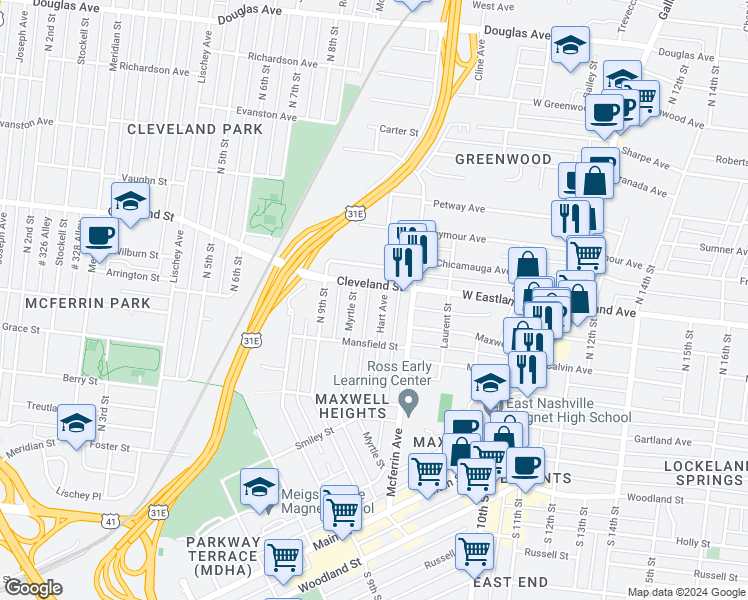 map of restaurants, bars, coffee shops, grocery stores, and more near 720 Hart Avenue in Nashville