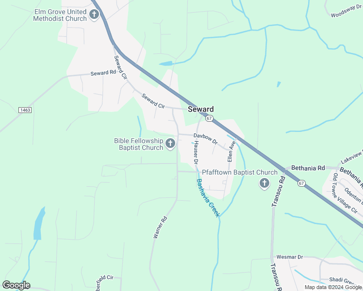 map of restaurants, bars, coffee shops, grocery stores, and more near 4965 Warner Road in Pfafftown