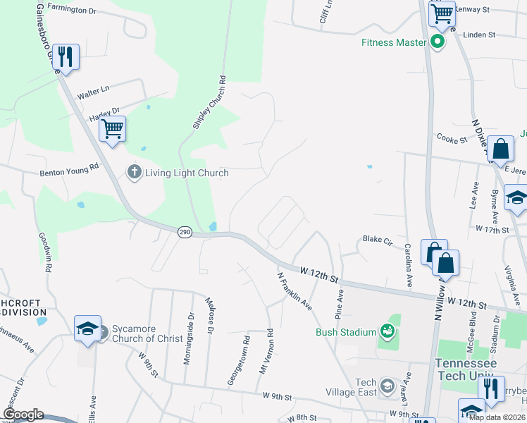 map of restaurants, bars, coffee shops, grocery stores, and more near 1347 Buckingham Place in Cookeville