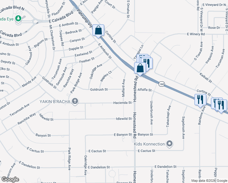 map of restaurants, bars, coffee shops, grocery stores, and more near 2851 Goldrush Street in Pahrump