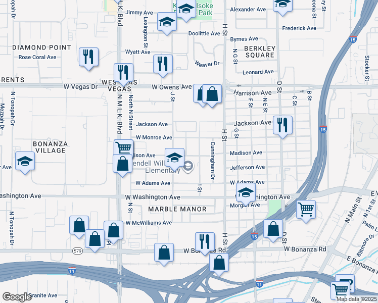 map of restaurants, bars, coffee shops, grocery stores, and more near 1202 Ivy Lane in Las Vegas