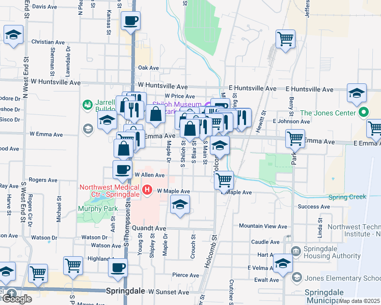 map of restaurants, bars, coffee shops, grocery stores, and more near 107 South Shiloh Street in Springdale