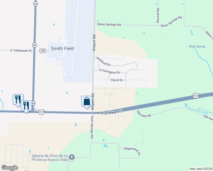 map of restaurants, bars, coffee shops, grocery stores, and more near 7006 David Drive in Siloam Springs