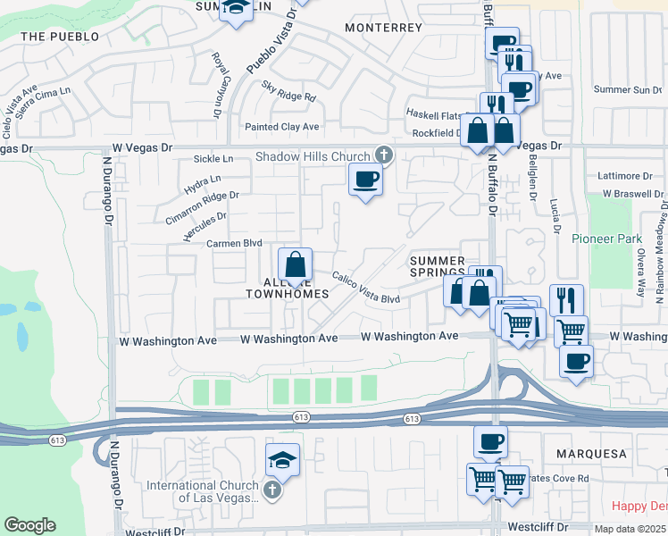 map of restaurants, bars, coffee shops, grocery stores, and more near 1100 Pinto Rock Lane in Las Vegas