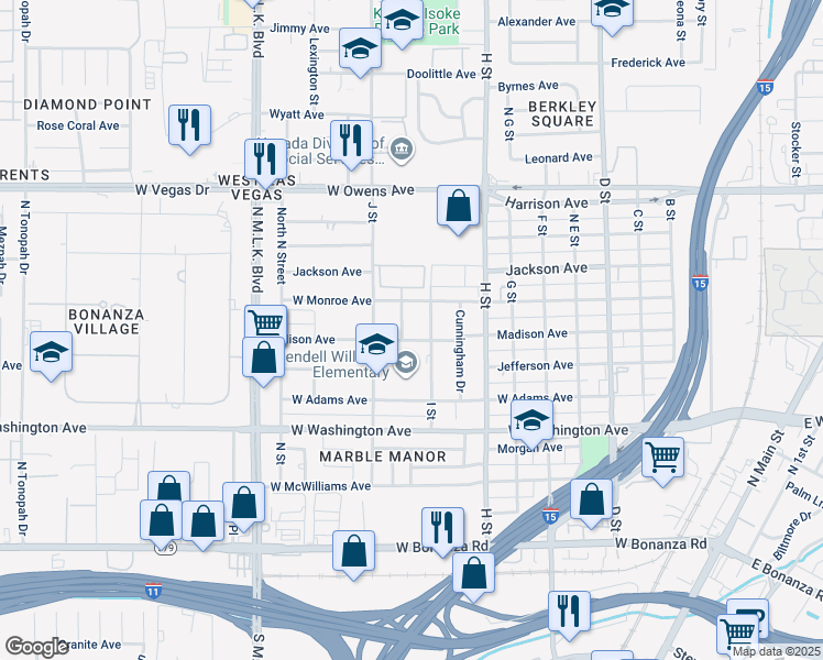 map of restaurants, bars, coffee shops, grocery stores, and more near 1202 Ivy Lane in Las Vegas
