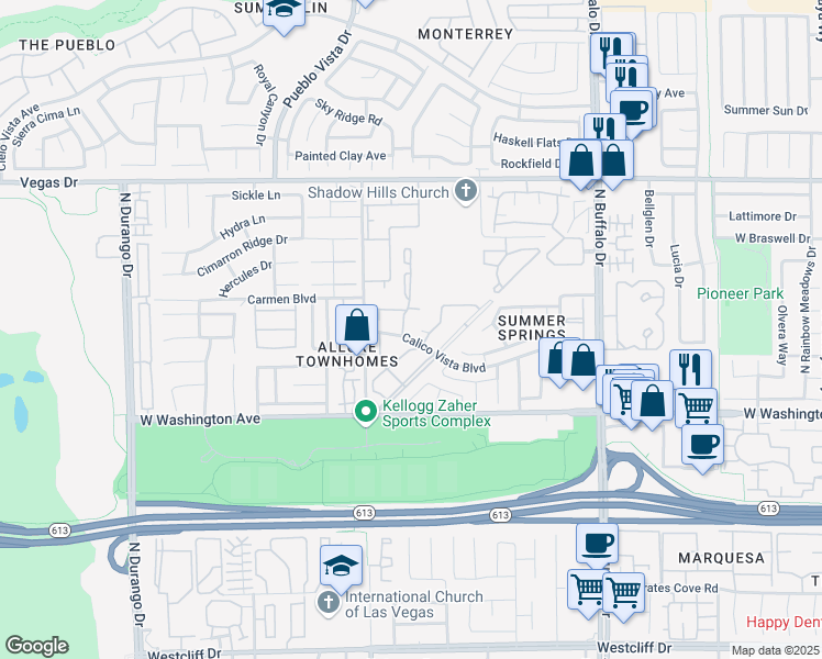 map of restaurants, bars, coffee shops, grocery stores, and more near 1100 Pinto Rock Lane in Las Vegas