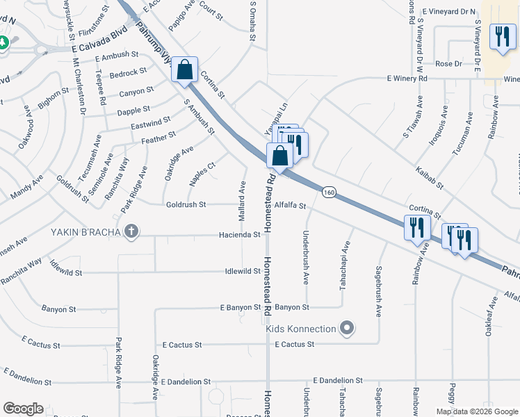 map of restaurants, bars, coffee shops, grocery stores, and more near 2420 Homestead Road in Pahrump