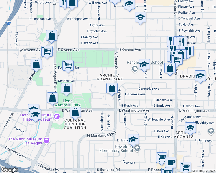map of restaurants, bars, coffee shops, grocery stores, and more near 1616 Searles Avenue in Las Vegas
