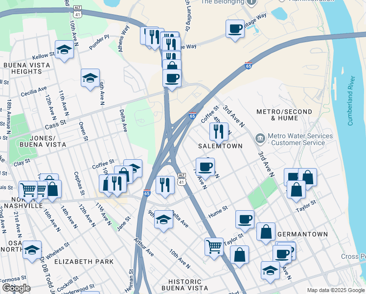 map of restaurants, bars, coffee shops, grocery stores, and more near 1817 7th Avenue North in Nashville
