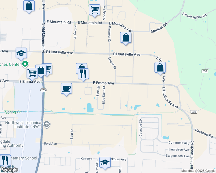 map of restaurants, bars, coffee shops, grocery stores, and more near 115 Blue Stem Street in Springdale