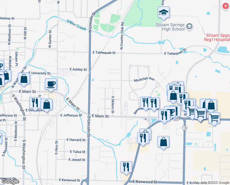 map of restaurants, bars, coffee shops, grocery stores, and more near 1701-1799 East Central Street in Siloam Springs