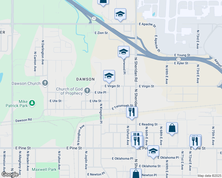map of restaurants, bars, coffee shops, grocery stores, and more near 6047 East Virgin Street in Tulsa