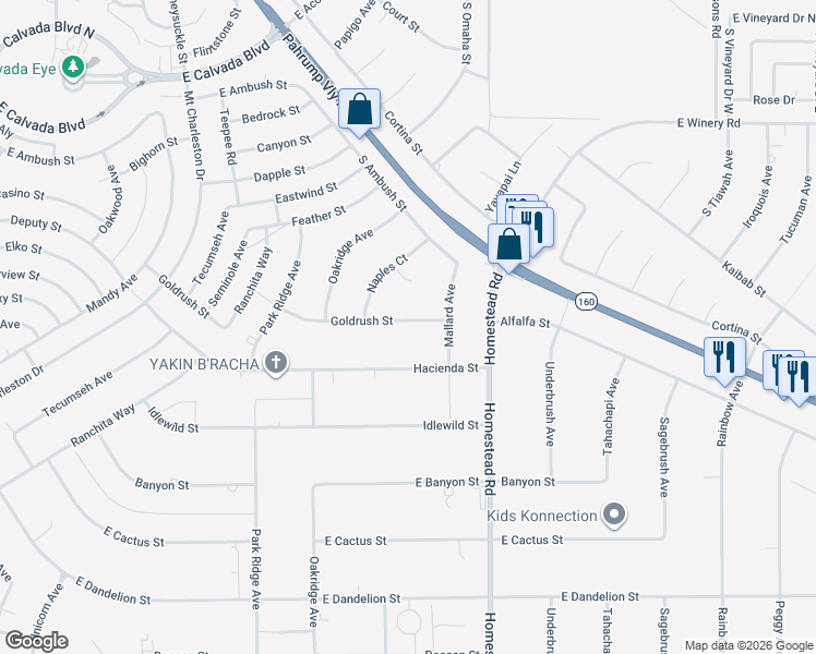 map of restaurants, bars, coffee shops, grocery stores, and more near 2831 Goldrush Street in Pahrump