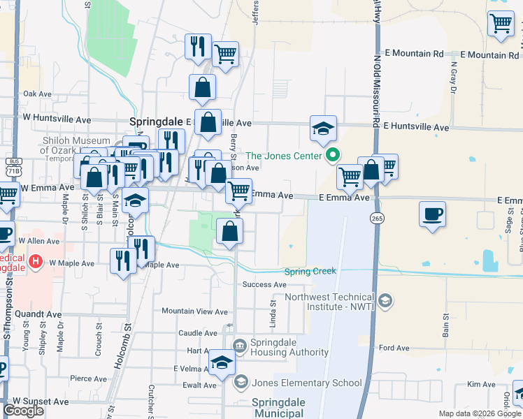 map of restaurants, bars, coffee shops, grocery stores, and more near 627 East Emma Avenue in Springdale