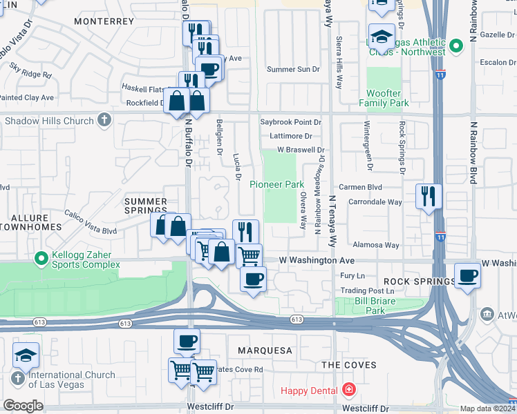 map of restaurants, bars, coffee shops, grocery stores, and more near 1216 Pacific Terrace Drive in Las Vegas