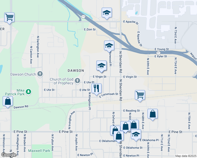map of restaurants, bars, coffee shops, grocery stores, and more near 6047 East Virgin Street in Tulsa