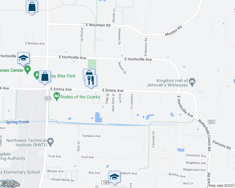 map of restaurants, bars, coffee shops, grocery stores, and more near 134 Erin Place in Springdale