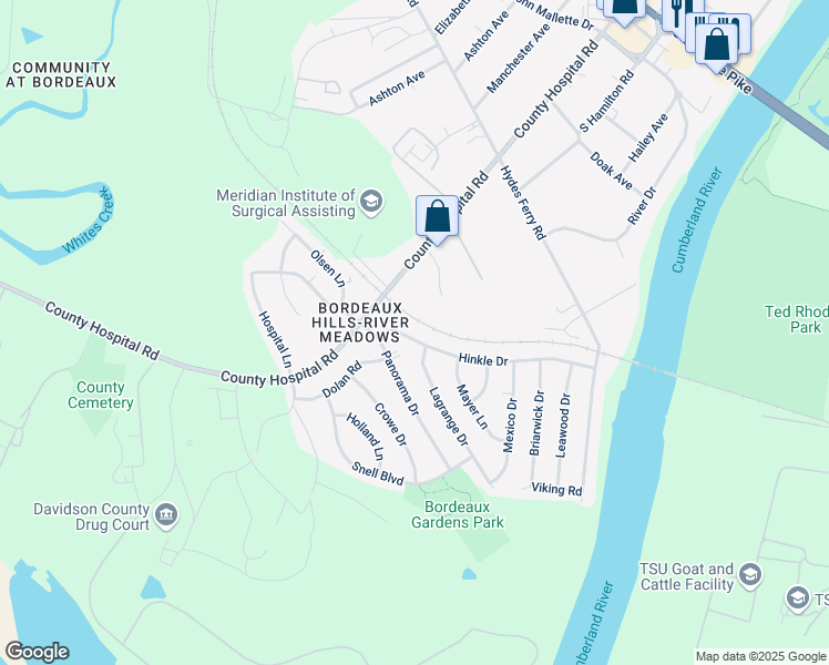 map of restaurants, bars, coffee shops, grocery stores, and more near 3284 Hinkle Drive in Nashville