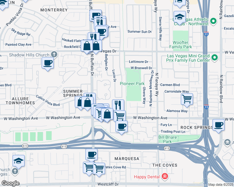 map of restaurants, bars, coffee shops, grocery stores, and more near 1216 Lucia Drive in Las Vegas