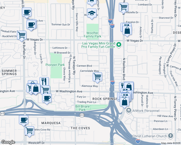 map of restaurants, bars, coffee shops, grocery stores, and more near 7101 Carrondale Way in Las Vegas