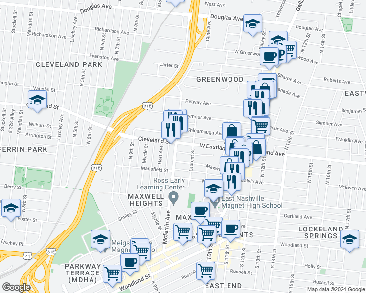 map of restaurants, bars, coffee shops, grocery stores, and more near 942 West Eastland Avenue in Nashville