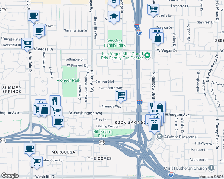 map of restaurants, bars, coffee shops, grocery stores, and more near 7101 Carrondale Way in Las Vegas