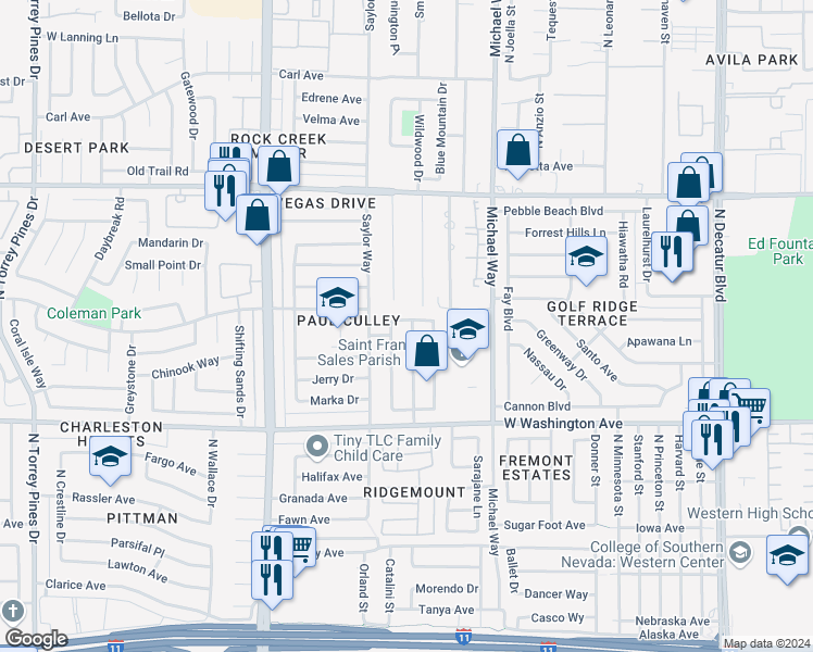 map of restaurants, bars, coffee shops, grocery stores, and more near 1204 Smith Street in Las Vegas