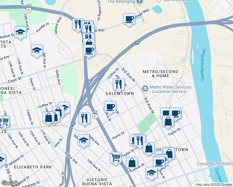 map of restaurants, bars, coffee shops, grocery stores, and more near 1809 5th Avenue North in Nashville