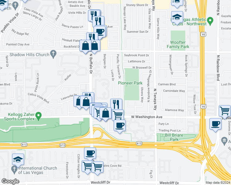 map of restaurants, bars, coffee shops, grocery stores, and more near 1216 Lucia Drive in Las Vegas