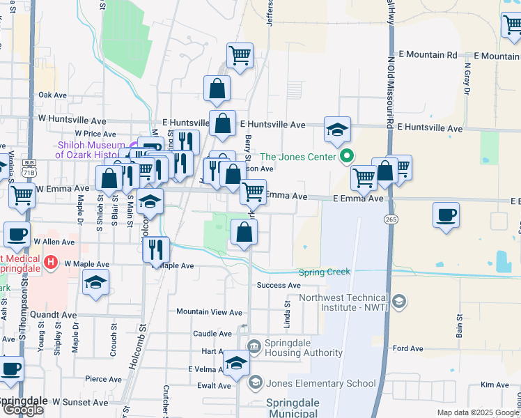 map of restaurants, bars, coffee shops, grocery stores, and more near 610 East Emma Avenue in Springdale