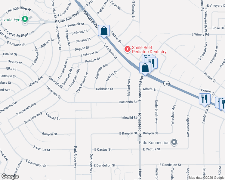 map of restaurants, bars, coffee shops, grocery stores, and more near 2791 Goldrush Street in Pahrump