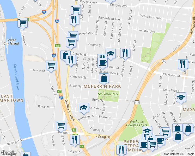 map of restaurants, bars, coffee shops, grocery stores, and more near 800 Meridian St in Nashville