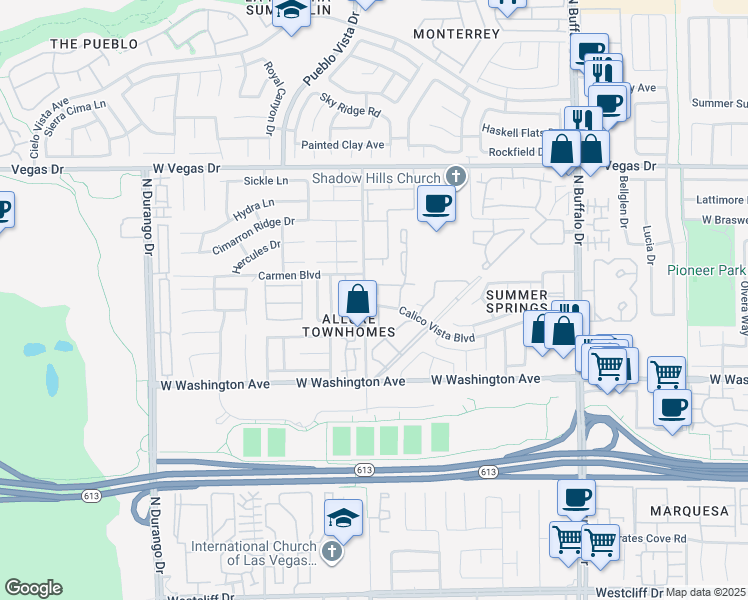 map of restaurants, bars, coffee shops, grocery stores, and more near 1108 North Cimarron Road in Las Vegas