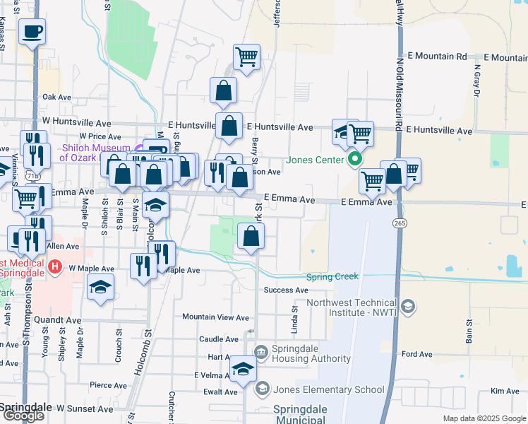 map of restaurants, bars, coffee shops, grocery stores, and more near 627 East Emma Avenue in Springdale