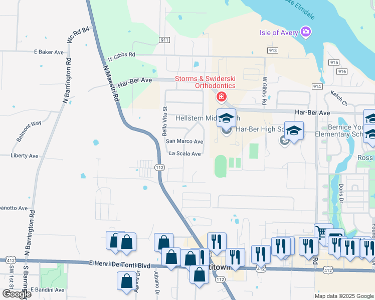 map of restaurants, bars, coffee shops, grocery stores, and more near 8176 La Scala Avenue in Springdale