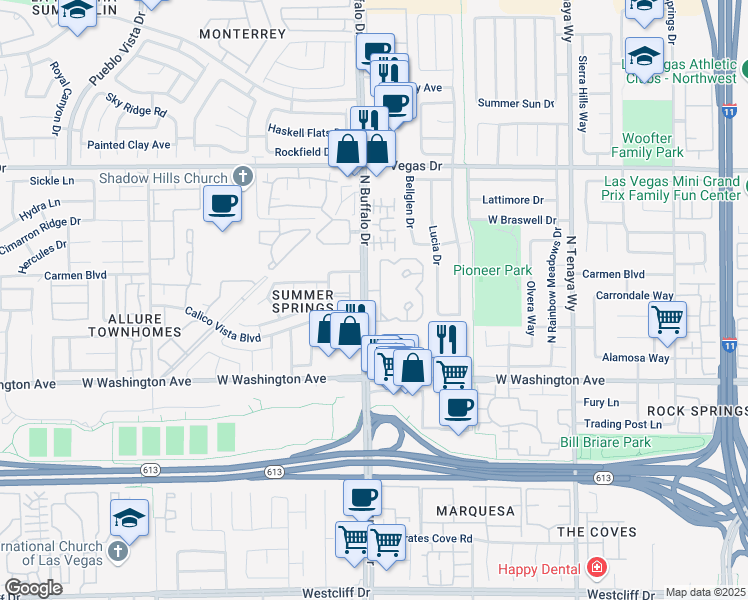 map of restaurants, bars, coffee shops, grocery stores, and more near 1201 North Buffalo Drive in Las Vegas