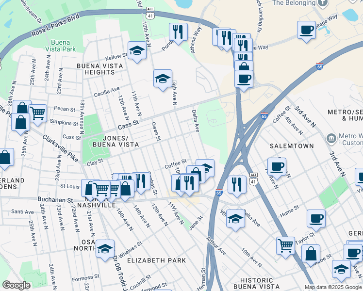 map of restaurants, bars, coffee shops, grocery stores, and more near 1919 9th Avenue North in Nashville