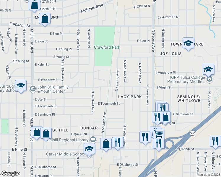 map of restaurants, bars, coffee shops, grocery stores, and more near 2038 North Kenosha Avenue in Tulsa