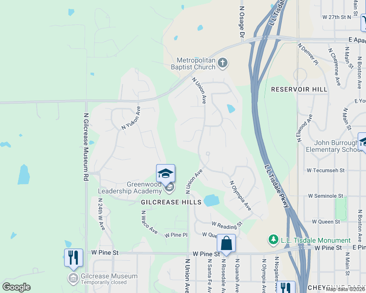 map of restaurants, bars, coffee shops, grocery stores, and more near 1753 West Virgin Street in Tulsa