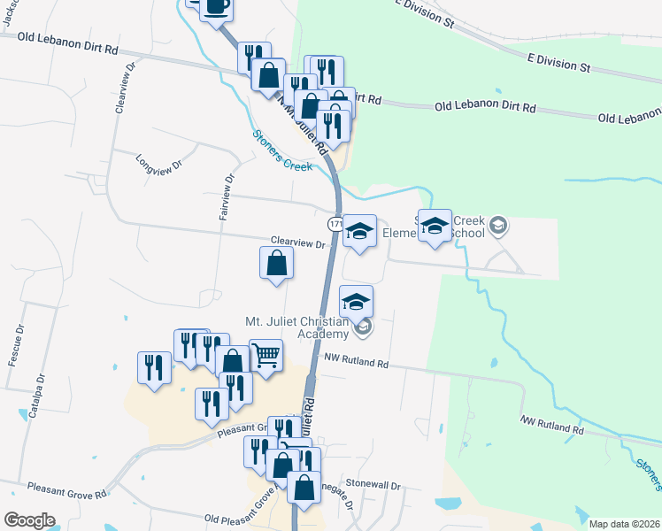 map of restaurants, bars, coffee shops, grocery stores, and more near 877 North Mount Juliet Road in Mt. Juliet