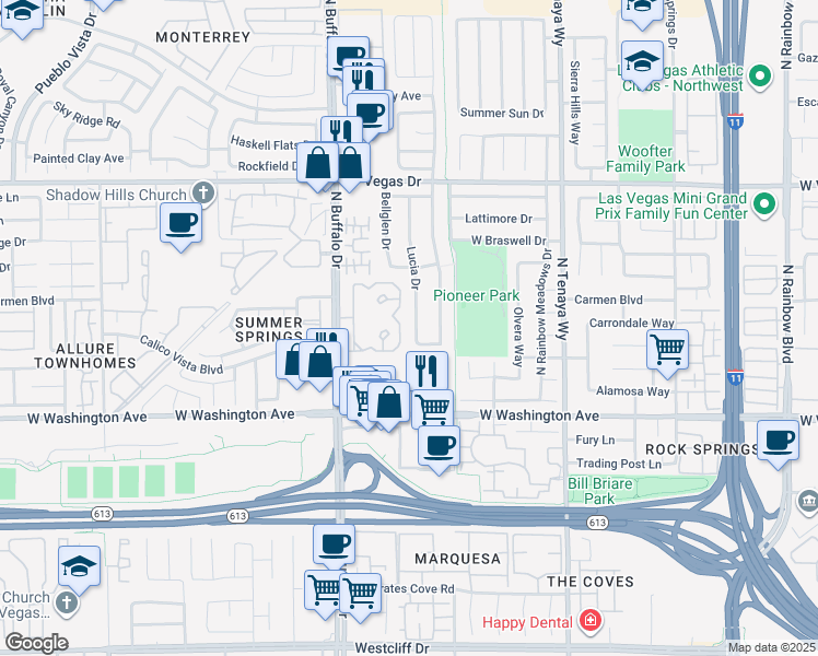 map of restaurants, bars, coffee shops, grocery stores, and more near 1221 Lucia Drive in Las Vegas