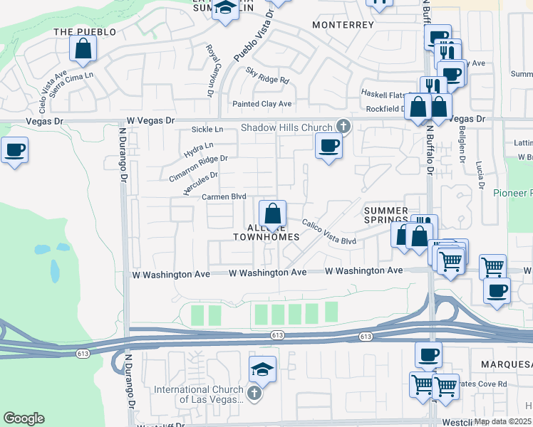 map of restaurants, bars, coffee shops, grocery stores, and more near 1213 Allure Drive in Las Vegas