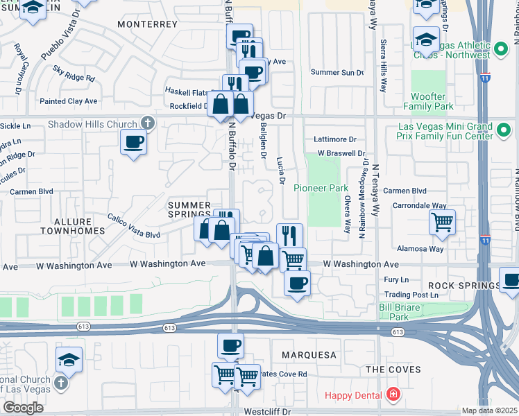 map of restaurants, bars, coffee shops, grocery stores, and more near 1150 North Buffalo Drive in Las Vegas