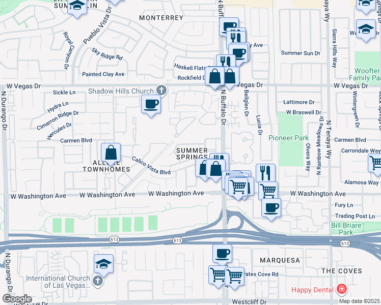 map of restaurants, bars, coffee shops, grocery stores, and more near 1104 Halite Court in Las Vegas