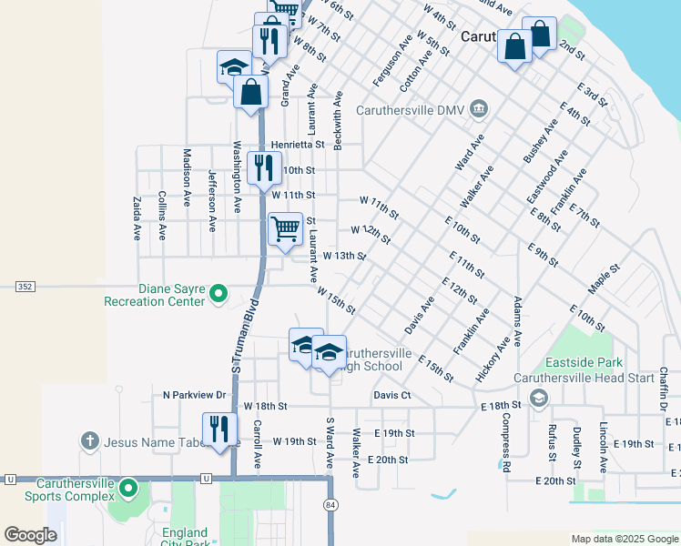 map of restaurants, bars, coffee shops, grocery stores, and more near 51 Walker Terrace in Caruthersville