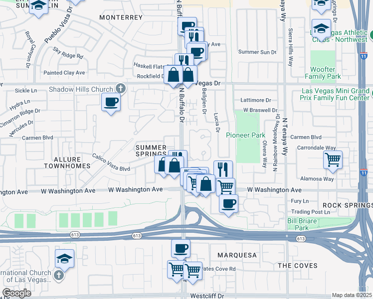 map of restaurants, bars, coffee shops, grocery stores, and more near 1201 North Buffalo Drive in Las Vegas