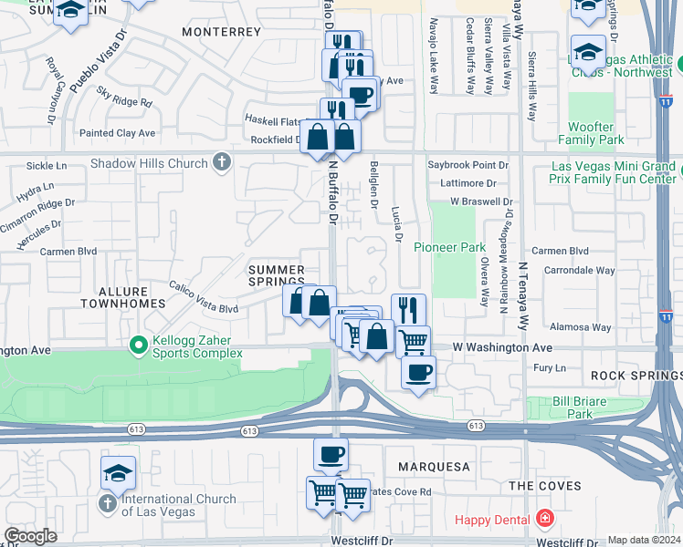 map of restaurants, bars, coffee shops, grocery stores, and more near 1150 North Buffalo Drive in Las Vegas